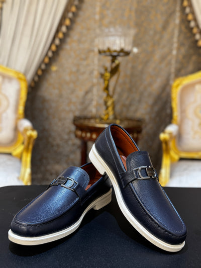 Blue Leather Loafers with Metal Bit